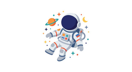 Astronaut in spacesuit floats amidst planets and stars on a white background cosmonaut spaceman © naimST