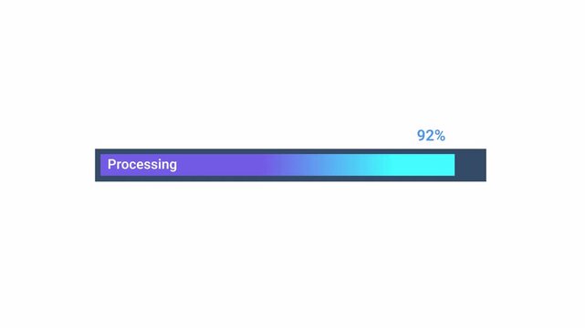 Minimal flat vector animation of a purple and blue gradient progress bar with a processing status label on a transparent background, ideal for software interfaces, data processing, loading screens