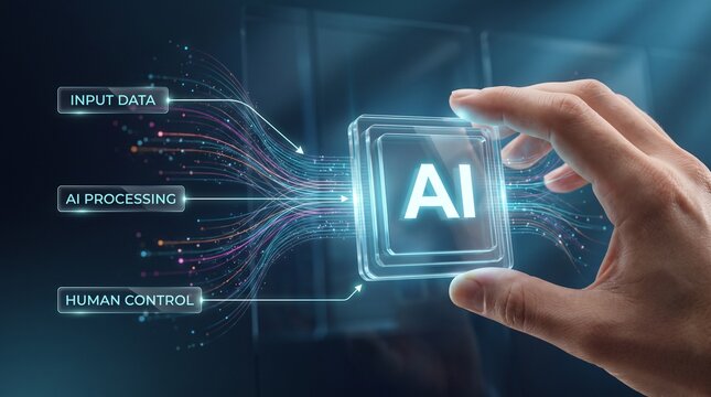 Human hand controlling AI processor with data processing interface