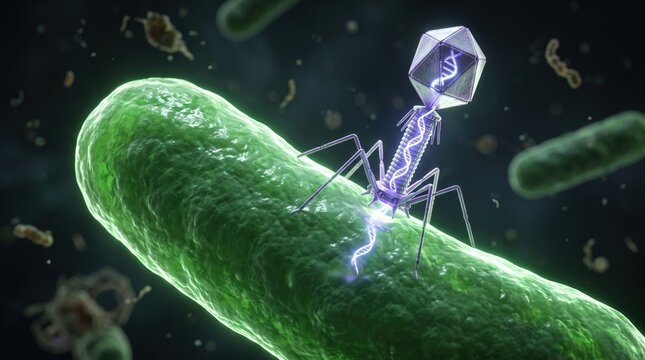 Bacteriophage attacking bacterial cell. 3D scientific rendering of virus injecting viral DNA into a green bacterium. Microscopic view of microbiology research and phage therapy concepts