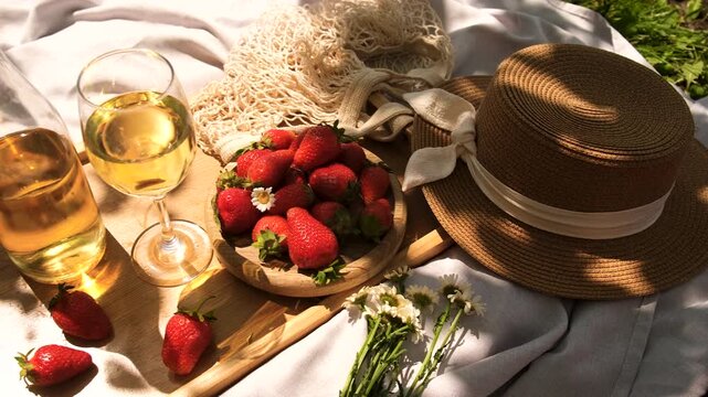 Picnic with strawberries and wine. Selective focus.