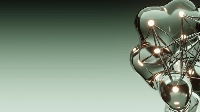 Molecular network featuring interconnected glass spheres with vibrant glowing nodes. This abstract 3D render displays a scientific, futuristic structure against a clean gradient background