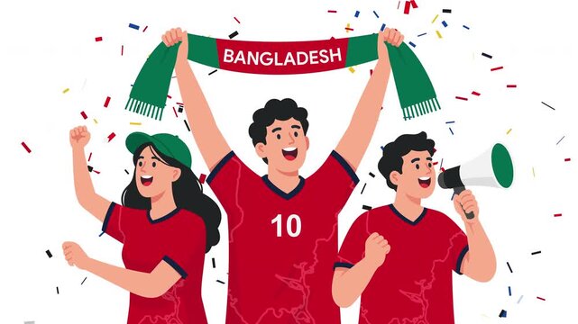Animated Bangladesh Football Fans Celebrating with Supporter Scarf, Transparent Alpha channel 444