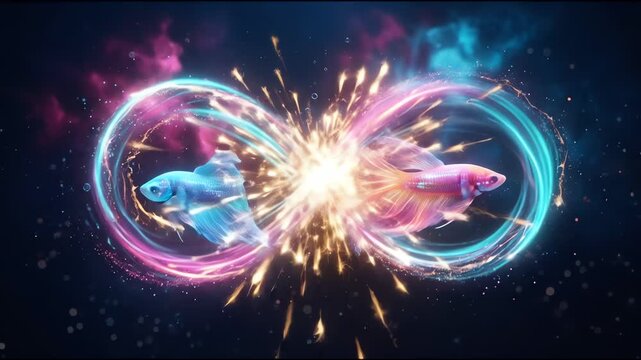 Two betta fish swimming in an infinity loop of glowing light trails
