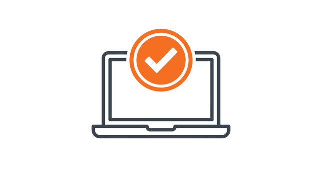 Modern outline laptop computer icon featuring bright orange checkmark symbol for digital verification tasks