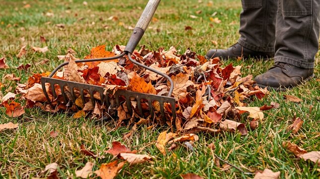 Person raking colorful autumn leaves in a grassy yard  