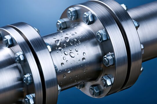 Stainless steel industrial pipe with water drops and flanges