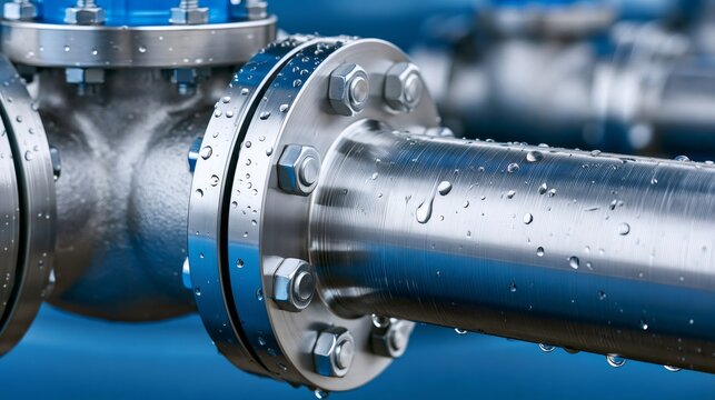 Stainless steel industrial pipe flanges with water droplets