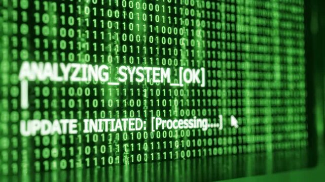 Green binary code and system messages on a digital screen, processing data.