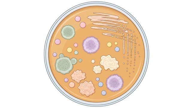 Petri dish microbiology vector illustration. Containing bacterial colonies. Fungal growth and streaked agar plate. Medical research and laboratory testing graphics for science projects