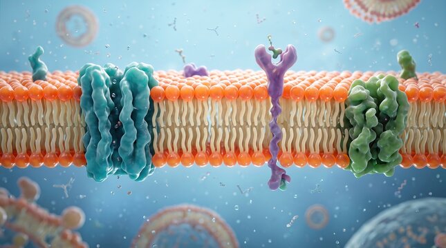 Cell membrane structure and phospholipid bilayer scientific render. Featuring integral membrane proteins and receptor molecules in a fluid mosaic model. 3D medical illustration for biology textbooks