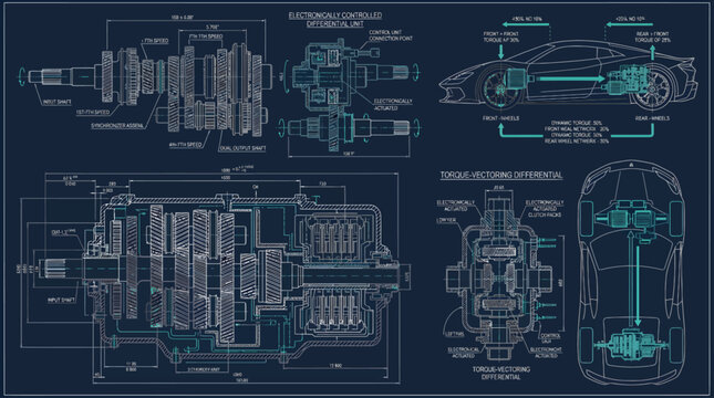 Technical blueprint of a high performance vehicle transmission system.