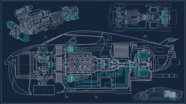Technical blueprint illustration of a high performance sports car chassis and engine components.