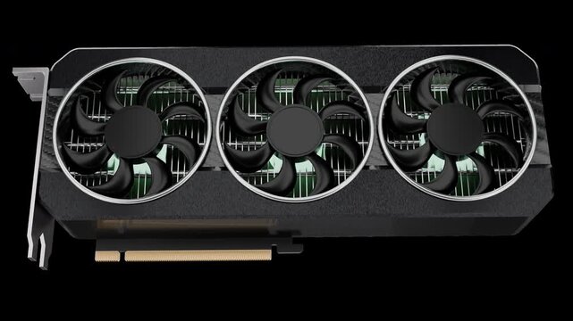 Gaming hardware, high performance graphics card with triple fans spinning. This 3D render is isolated on an alpha channel