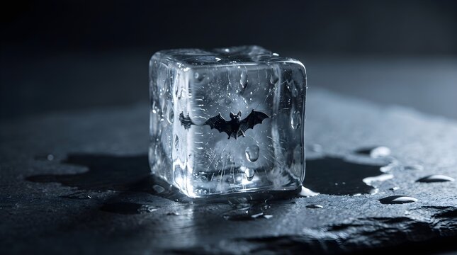 A small bat appears suspended inside a clear ice cube resting on a cold dark surface, creating a surreal conceptual image that contrasts frozen transparency with a nocturnal creature.