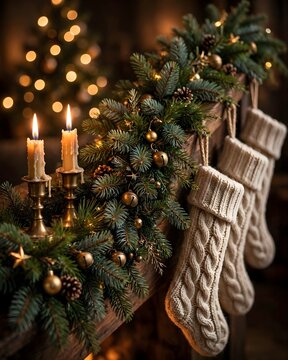 Christmas Mantel Decorated With Garland, Stockings and Candles, Cozy Fireplace Vignette
