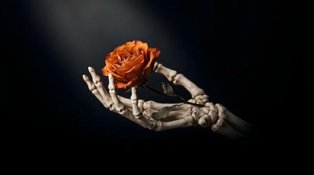 A skeletal hand delicately holds an orange flower against a dark background, contrasting symbols of mortality and beauty in a dramatic gothic composition.