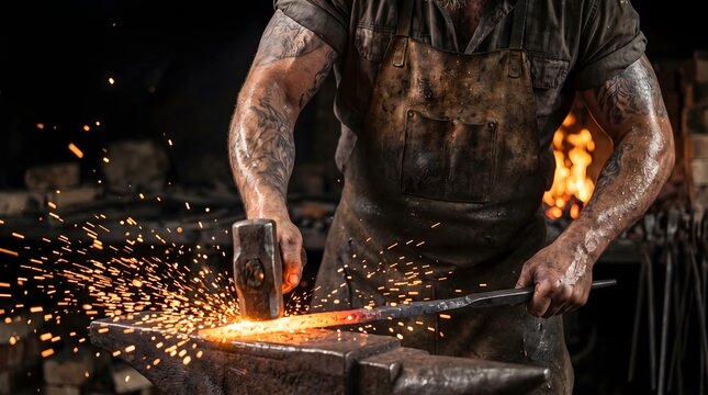 Muscular tattooed blacksmith forging glowing red-hot steel on an anvil with a heavy hammer in a dark traditional workshop for industrial manufacturing and craft concept