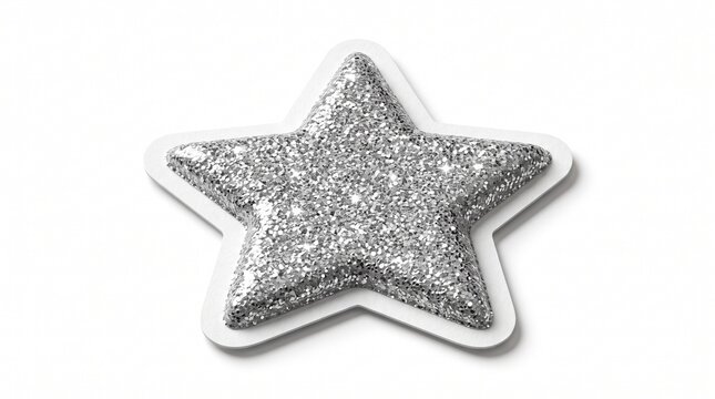 Silver glitter star sticker with sparkly texture on white background