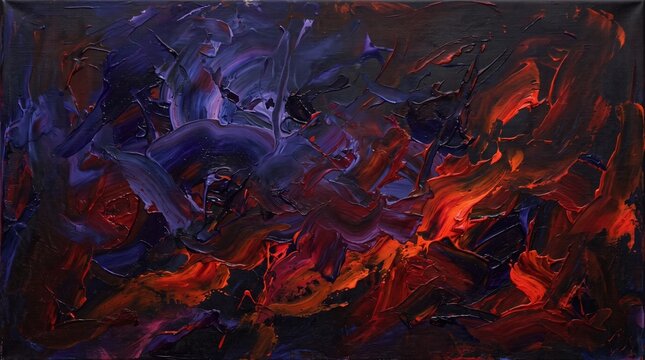 Abstract scarlet and violet painting with textured brushstrokes on dark canvas