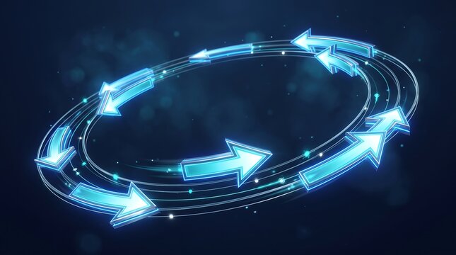 Glowing digital circular arrow loop representing continuous data flow and cyclical processing in futuristic 3D animation style on dark background for tech and business concepts