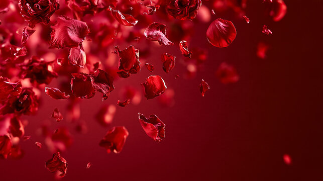 Red rose petals gracefully falling, forming an elegant romantic background, perfect for celebrations, weddings, and expressing love