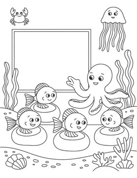 Line drawing depicts a crab jellyfish octopus and fish in a marine scene silhouette