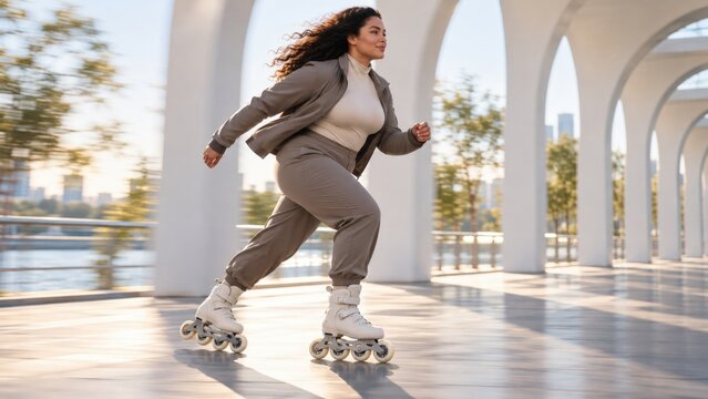 Woman roller skating beneath modern white arches along a waterfront promenade. Urban fitness and outdoor exercise. Recreational skating, active lifestyle and personal wellness.