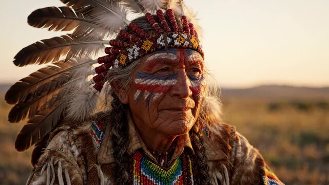 Wise Native American elder in traditional regalia with face paint at sunset.