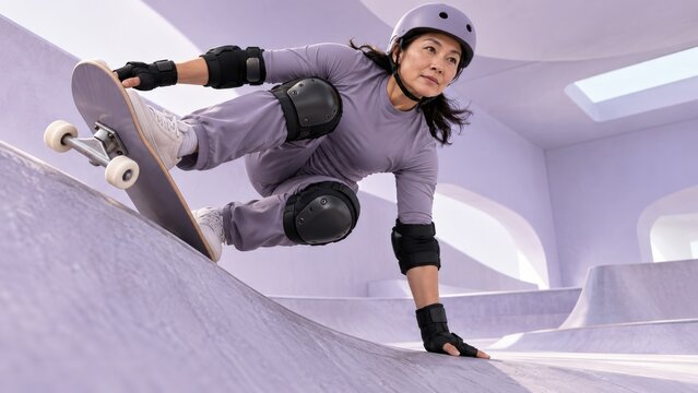 Skateboarder performing a trick on a ramp in a skate park. Skateboarding, action sports and athletic recreation. Protective gear and safety equipment. Youth culture and urban sport.