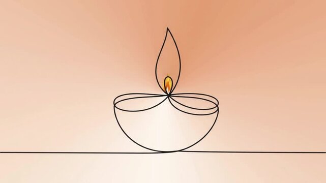 Happy Diwali Minimalist Single Line Art Diya Animation,  Continuous Line lamp Draw-On with Flame Fill and Colour Reveal on Split Orange Cream Background, 4K Seamless Loop