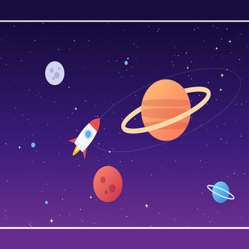 Space scene with planets rocket moon and stars on purple sky