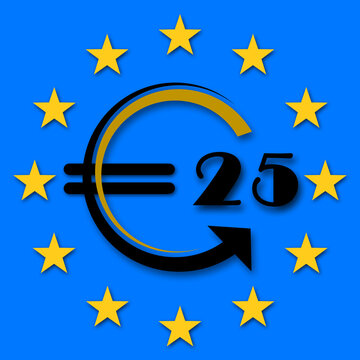 Symbol marking the 25th anniversary of the euro, combining an abstract euro symbol, golden stars arranged in a circle to represent the European flag, and the number 25 &ndash; 3D Illustration
