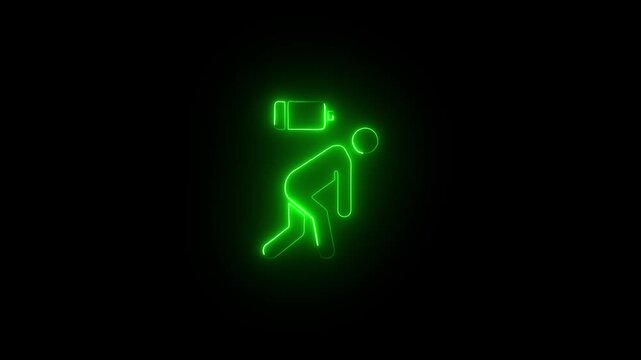 Neon green glowing outline of a tired person with a low battery symbol above their head against a black background representing exhaustion and depletion.Abstract neon sing man tired icon.
