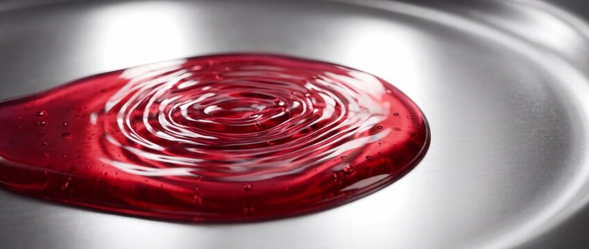Transparent red liquid serum with ripple texture on metallic surface creates modern concept for skincare formulation and beauty products.