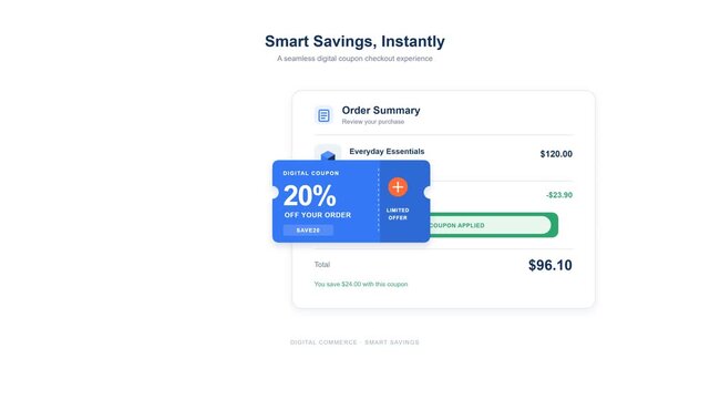 Clean premium 2D vector animation showing a digital coupon activation process in a modern e-commerce checkout interface. A blue discount ticket moves into the checkout area, activating a 20 percent di