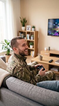 A cheerful soldier in military camouflage uniform sitting on a sofa in a living room, playing video games with a controller and laughing while enjoying his free time at home on leave.
