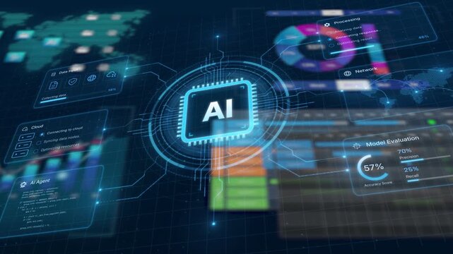 AI chip technology dashboard, glowing artificial intelligence processor with data analytics interface