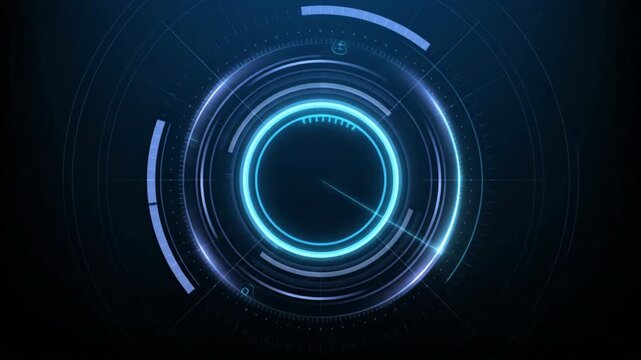 HUD, Technology graphics displaying loading progress with glowing blue circles on dark digital background, representing futuristic interface animation and virtual data processing system.