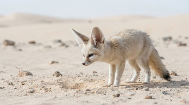 Fennec fox with oversized ears standing on pale sand in a quiet desert landscape