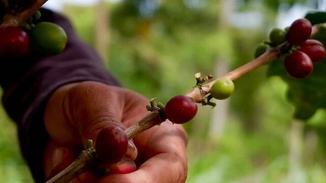 Coffee farmer picking ripe cherry beans, Close up of red berries coffee beans. Close up of ripe robusta coffee cherries growing on a branch. 