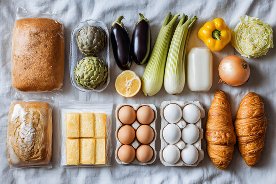 Zestaw podstawowych produkt&oacute;w spożywczych i świeżych warzyw na jasnym tle, pieczywo, jajka, bakłażany, cukinia, papryka i korzeniowe warzywa.