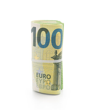 Pack of euro bills rolled with a rubber band isolated