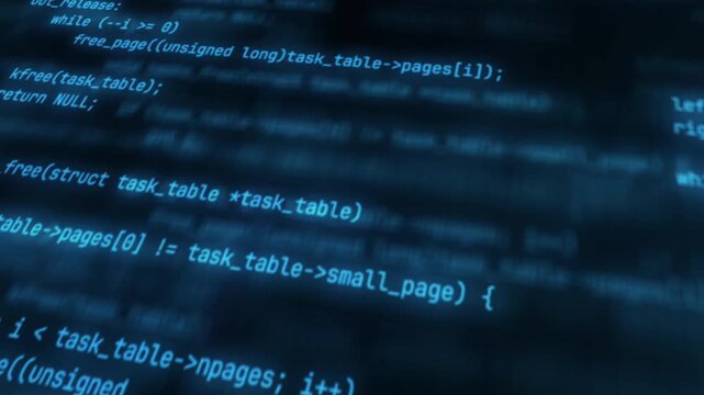 Programming code background, lines of software source code scrolling on dark blue digital screen