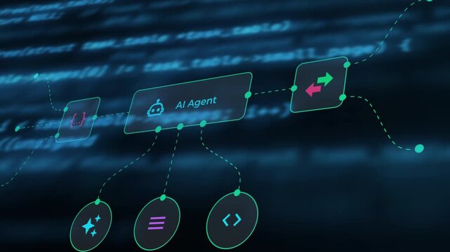 AI agent workflow automation, glowing agent nodes connecting over programming code background