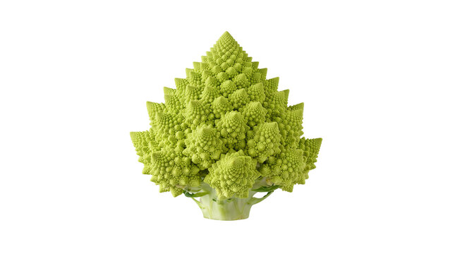 Single head of fresh Romanesco broccoli with its unique fractal pattern is isolated on a light gray background.