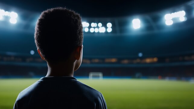 A Young Fan Gazes at the Stadium: A young boy, seen from behind, looks out at a brightly lit football stadium, feeling the anticipation of the game to come.