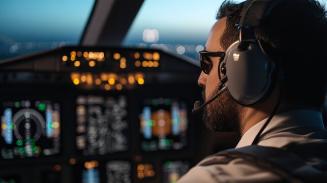 Pilot in Cockpit: A focused pilot, wearing headphones and glasses, navigates an aircraft through the night sky, illuminated by the glow of the instrument panel.