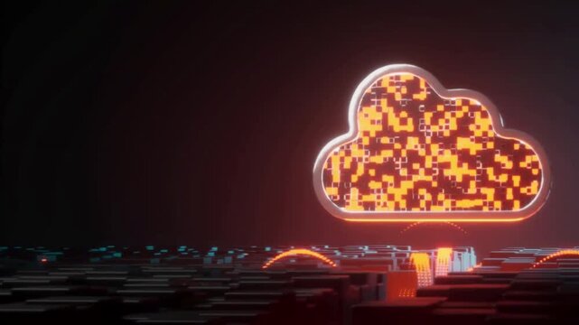 Abstract background cloud computing neon icon with digital data stream on abstract dark background