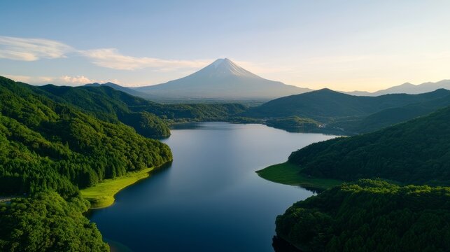 Serene Mountain Lake: A breathtaking panoramic view of a tranquil mountain lake reflecting the clear blue sky, with lush green hills and a majestic snow-capped peak in the distance.